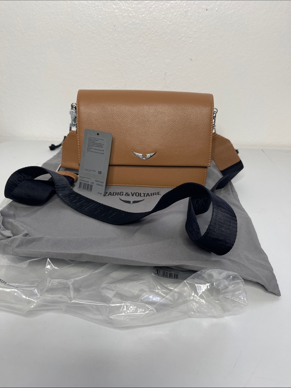 New ZADIG & VOLTAIRE Lolita Wings Grained Leather Crossbody Bag Purse Camel